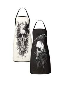 2/4PCS Dark Art Halloween Skull Crow Apron Set, Tattoo Style Skeleton Raven Feather Ornate Pattern Kitchen Apron, Waterproof Oilproof Cooking Bib For Baking Grilling, Gothic Spooky Home Decor Halloween Party Gift For Women Men - Multicolor - View 14