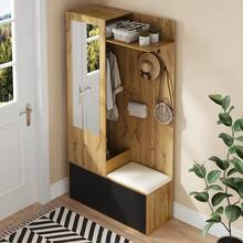 Entryway Wardrobe Set With 5 Hooks, Mirror And Bench - Black & Natural - 黑與自然 - 查看 2