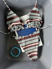 夏季女款綠色、棕色與白色橫條紋比基尼兩件套，海灘度假派對時尚優雅休閒泳衣套裝 - 彩色 - 查看 4