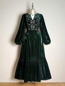 Rusttydustty 秋冬刺繡V領天鵝絨長袖日常校園季復古時尚節日優雅洋裝 - 墨綠色 - 查看 6
