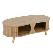 Pea-Shaped Coffee Table With Grooved Design, 2 Sliding Doors, Living Room Table, Wood Look, Solid Wood Legs, MDF Material - Natural Color - View 11