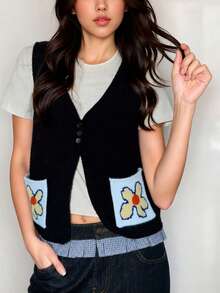 Women's Autumn Simple Casual Knit Vest Vacation Black - Black - View 3