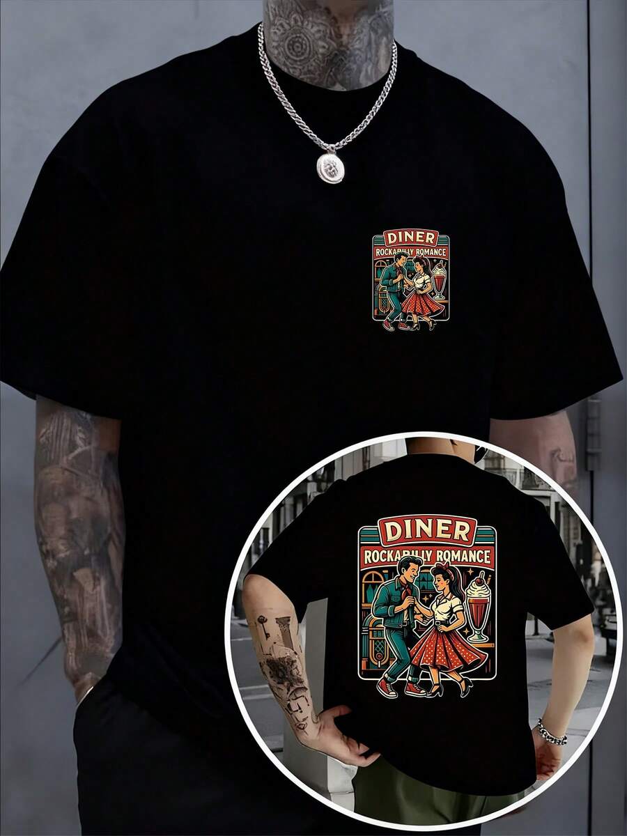 Kurzarm-T-Shirt mit Vintage-Rock-Paar-Diner-Print, aus % Baumwolle, 210 g, mit doppelseitigem Druck, Motiv vorne und hinten - Schwarz - Übersicht 1