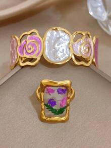 Vintage Romantic Stainless Steel Pink Irregular Floral Bangle Bracelet & Dried Flower Ring Women Jewelry Set,Daily Party Vacation Valentine's/Y2K/Boho - Multicolor - View 6