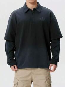 Adidas Men's New Fake Two-Piece Sports Casual Long Sleeve Polo Shirt - Black - View 2
