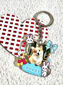 Llavero de Corazón Personalizable con Texto & Foto, Colgante de Acrílico con Marco de Conejo y Fresa Lindo, Regalo Conmemorativo Adorable para Dueños de Perros - Multicolor - Ver 4