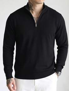 Plus Size Men's Half-Zip Stand Collar Knit Sweater, Minimalist Solid Color Long Sleeve Pullover, Casual Commute Loose Fit Base Layer Top - Black - View 3