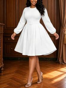 Women's Elegant Ruffle Hem Midi Dress With Belt, Round Neck, Pockets, Solid Color, Fabric Suitable For Elegant, Casual, Formal Occasions, Office, Autumn - White - View 2