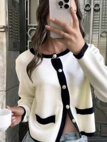Plus Size Women's Autumn/Winter New White Y2K Color Block Round Neck Long Sleeve Knit Cardigan, Casual Daily Outerwear Fall - Black and White - View 3