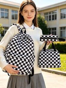 1組時尚棋盤格印花背包組合，大容量尼龍通勤日常使用包，搭配便攜便當袋與文具收納袋，多層收納休閒背包，輕量旅行背包，適合學生、社會新鮮人、年輕人，適用於開學季、日常通勤、購物、短途旅行與戶外休閒旅遊 - 多色 - 查看 1
