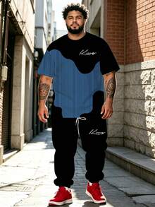 Men's Street Casual Minimalist Series "Vertical Stripe & KING Letter" Pattern Sports Set - Polyester Knit Fabric, Crew Neck Design, Drawstring Cuffed Pants, Pocket Details, Regular Fit, Suitable For Plus Size - Black - View 1