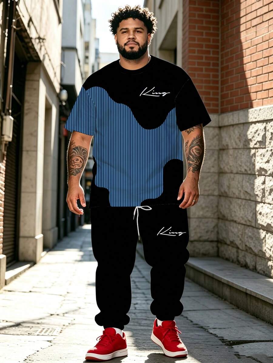 Men's Street Casual Minimalist Series "Vertical Stripe & KING Letter" Pattern Sports Set - Polyester Knit Fabric, Crew Neck Design, Drawstring Cuffed Pants, Pocket Details, Regular Fit, Suitable For Plus Size - Black - View 1