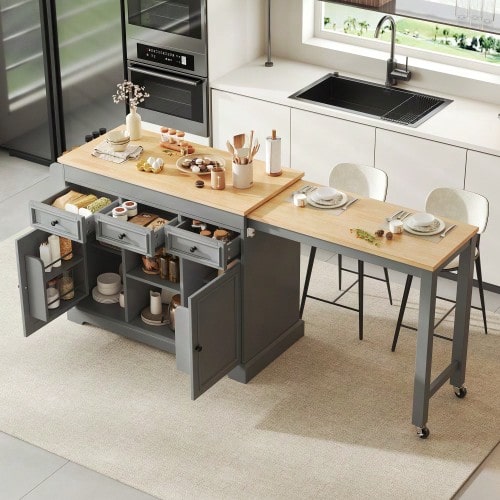 Rolling Kitchen Island, Extendable Dining Kitchen Island With Spice Rack And Drawers - Gray - View 1