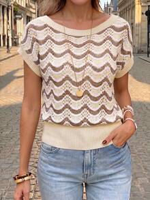 Damen Sommer Neues Farbblock-Wellenmuster Cut Out Strick Top, Drop-Shoulder Rundhals Lockerer Schnitt Schlankmachend Vielseitig Oberbekleidung, Sommer Top - Verschiedenfarbig - Übersicht 4