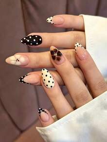 30pcs/Set Oval Black Polka Dot French Minimalist Cute Floral Press-On Short Nails Set, Suitable For Hot Girls, Office Women, Parties, Dates And Daily Wear - Multicolor - View 1