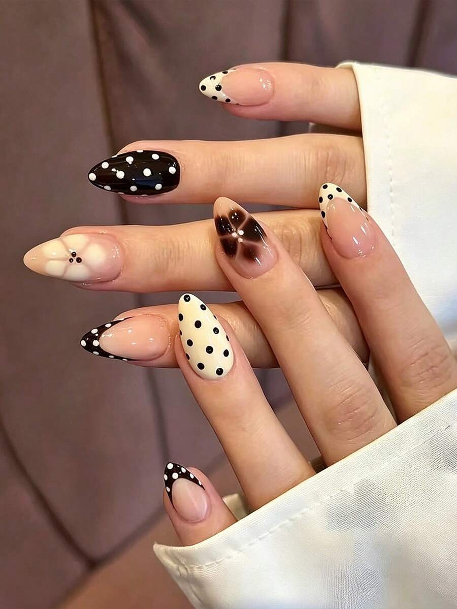 30pcs/Set Oval Black Polka Dot French Minimalist Cute Floral Press-On Short Nails Set, Suitable For Hot Girls, Office Women, Parties, Dates And Daily Wear - Multicolor - View 1
