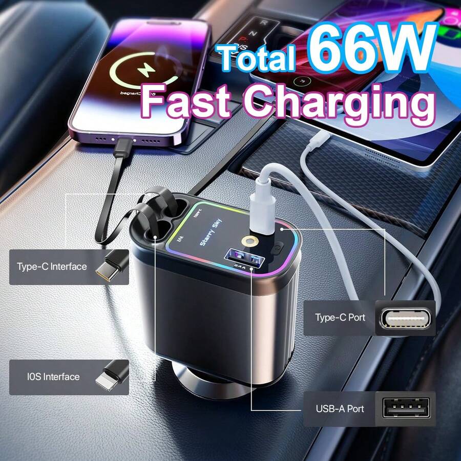 W&O 1PC/2pcs 66W 4-In-1 Retractable Starry Light Car Charger, With 2 Charging Cables, Compatible With 17/16/15/14 And Android Models, With 2 USB Ports Car Charger, Car Accessories Phone Accessories
