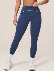 TimeOff Pantalones deportivos largos cortos de cintura alta con control de abdomen y decoración de línea blanca en bloques de color para mujer, 1 pieza - Azul Marino - Ver 6