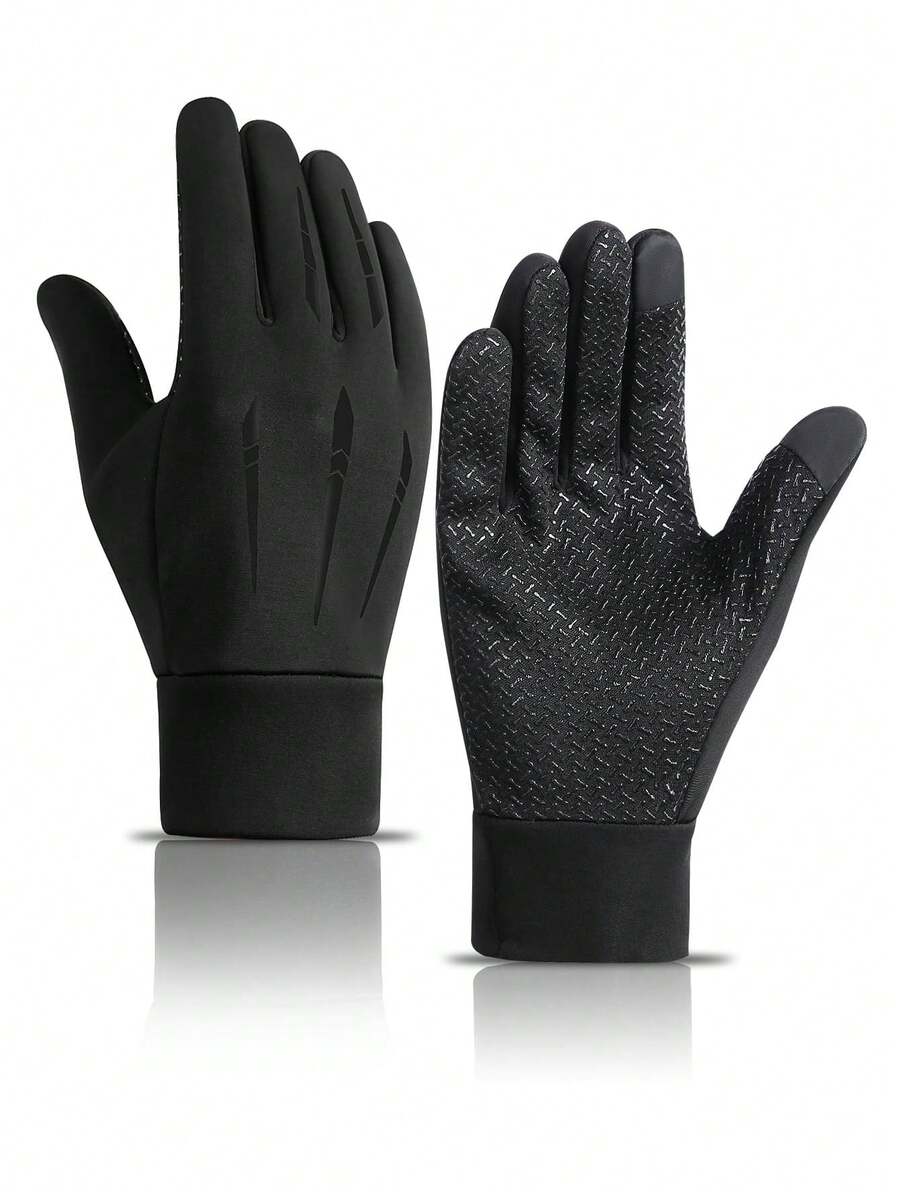 1 Pair Men's Windproof Fleece Lined Touchscreen Anti-Slip Sports Gloves, Back To School Winter Warm Motorcycle Riding Gloves, Suitable For Cycling, Skiing, Outdoor Activities And Cold Weather Hand Protection - Black - View 1