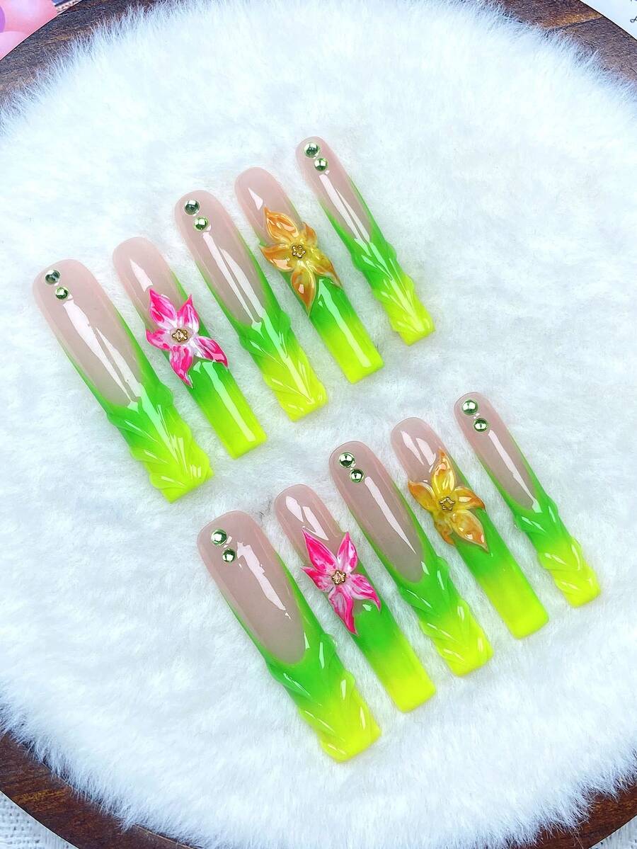 10pcs Extra Long Nude Lime Green Gradient Press On Nails,3D Sea Star,Pink Yellow Florals Tiny Green Beads Glossy Reusable Fake Nails,Suitable For Holiday Gifts,Summer Beach Vacation,Trips Parties,1 Jelly Gel & Mini Nail Rubbing Strip - Multicolor - View 1