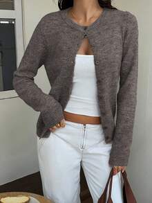 SCARLUX Fall Winter Women Y2K Knit Cardigan, Brown Button Sweater For Back To School, Street, Commute, Loungewear - Light Khaki - View 2