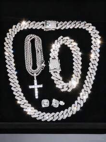 4pcs/Set Cuban Chain Necklace Bracelet Set, With Cross Pendant Necklace And Earrings, Men's Jewelry, Hip Hop Style Cool Jewelry Set, Men's Gift - A - View 2