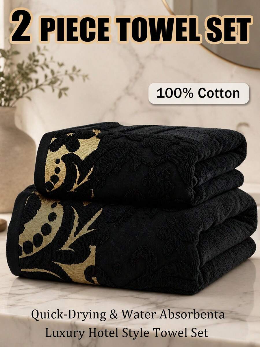 2pcs/1pc Fashion Plum Blossom Jacquard Gold Thread Embroidered Personalized Towel Soft Absorbent Lint-Free Bath Face Towel For Couples Home Bathroom Decor Outdoor Pool Towel Daily Hotel Gift Adult Premium Household Absorbent Quick-Dry Hair Washing Face Towel 1pc Or 70*140 Wrap Towel Bath Towel 1pc - Black - View 1