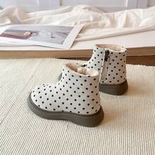 1 Pair Girls Classic Polka Dot Warm Ankle Boots, Thick Fleece Lined Thick Sole Ankle Boots - Beige - View 4