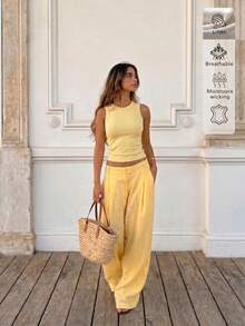 Linen Casual Elegant Knit Top And Linen Pants Two Pieces Set, Suitable For Casual, Holiday, Daily, And Commuting Summer Yellow - Yellow - View 2