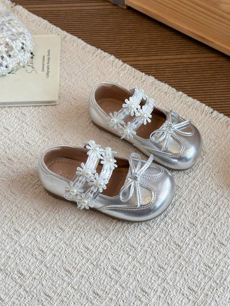 Girls' Flat Mary Jane Shoes With Lace Ties, Daisy And Pearl Flower Decor, Suitable For Daily Wear