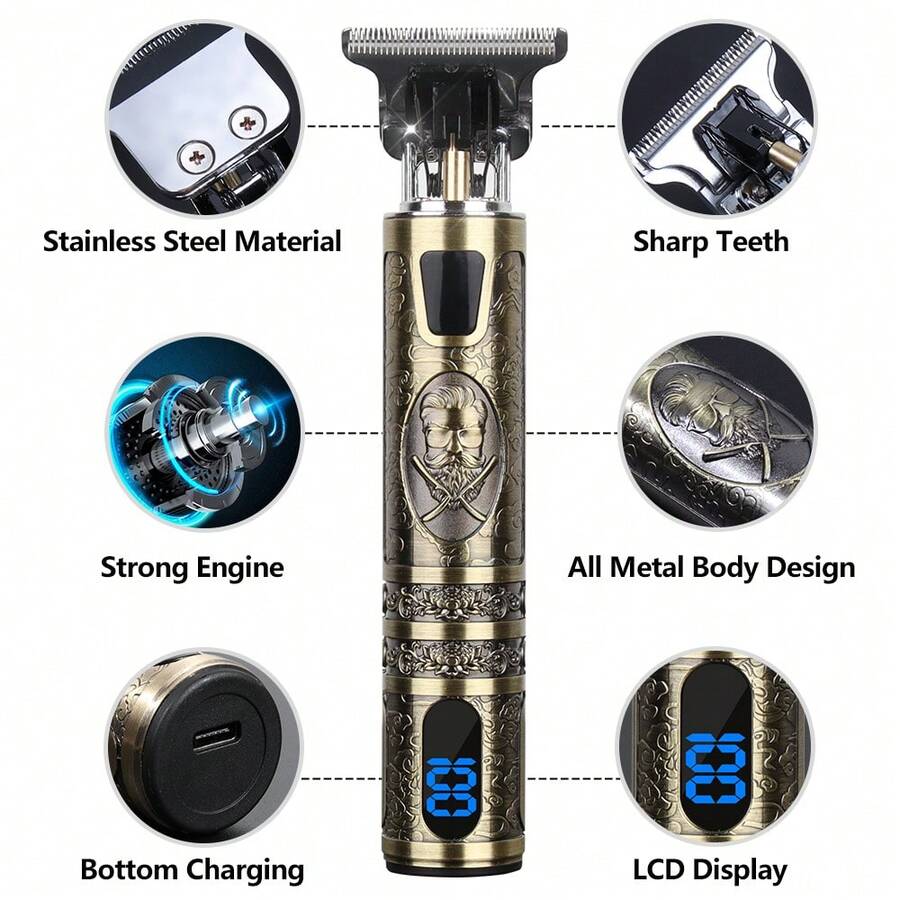 HIENA Men's Electric Cordless Hair Clipper, Sideburn Trimmer, Bald Head Shaver, LED Display, USB Charging, T-Blade With Limit Comb And Cleaning Brush, Personal Gift, Great Gift - bronze - View 1
