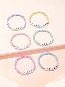 6Pcs/Set Positive Energy Letters Courage Words Stackable Bracelet Besties Layering Friendship Candy Coloured Bead Girl Jewelry Gift - Multicolor - View 3