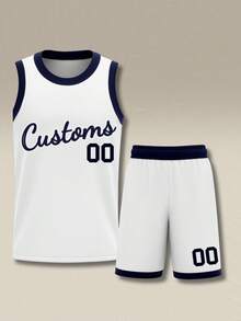 2pcs Personalized Men's Basketball Jersey Set- Customized Name,Number Print Tank Top+Shorts Sports Set For Team Training - White - View 3