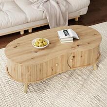 Pea-Shaped Coffee Table With Grooved Design, 2 Sliding Doors, Living Room Table, Wood Look, Solid Wood Legs, MDF Material - Natural Color - View 6