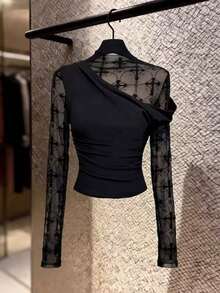 Autumn/Winter Pure Black Cross Pattern Lace Mesh Patchwork Asymmetrical Shoulder Long Sleeve Cropped Women's Top T-Shirt Slim - Black - View 10