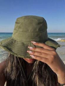 1pc Women's Drawstring Design Bucket Hat, Adjustable Chin Strap, Sun Protection, HyunA Style Tassel Bucket Hat, Suitable For Shopping, Travel, Beach, Vacation, Daily Wear - Multicolor - View 5