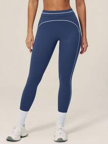 TimeOff Pantalones deportivos largos cortos de cintura alta con control de abdomen y decoración de línea blanca en bloques de color para mujer, 1 pieza - Azul Marino - Ver 5
