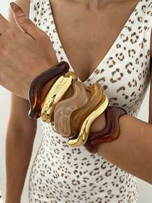 6/3/1pc Vintage Minimalist Women's Wave-Shaped Acrylic And Resin Open Ring Bangle Set, Suitable For Daily Wear, Stackable, Perfect Holiday Gift Choice - Multicolor - View 4