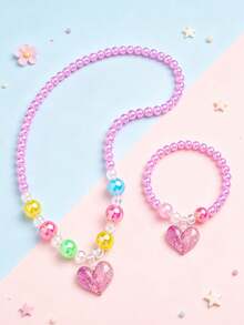 2pcs/Set Cute Princess Heart Pendant Necklace & Beaded Bracelet Jewelry Set For Kids, Suitable For Daily Wear, Party, Birthday Gift - one-size - View 2