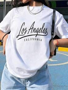 Women Oversized Crew Neck Short Sleeve T-Shirt Classic Cursive New York Letter Print Soft Cotton Casual Basic Tee Daily Streetwear Vacation Top - Black 1 - 查看 8