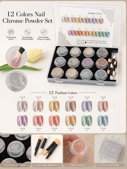 Set de 12 colores de polvo de uñas rosa espejo mágico de baja saturación y color fresco para primavera/verano con tabla de colores, herramientas de arte de uñas DIY, encanto de arte de uñas artístico