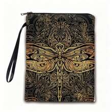 Balo in họa tiết Mandala chuồn chuồn màu vàng phong cách vintage - Túi đựng có khóa kéo cầm tay kèm dây đeo cổ tay - A - Xem 3