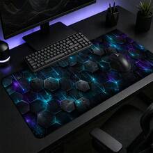 Obsidian Hex 大號電競滑鼠墊，Dark Rain 桌墊，加長版滑鼠墊，附藍綠發光面板，防滑設計，適用 PC 書桌 - 查看 4