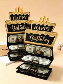 Black And Rose Gold Happy Birthday Foldable Money Card With Envelope, Cake Pattern Cash Holder, Surprise Money Gift Decoration, Anniversary Celebration, Small Birthday Gift And Party Favor, A Fun Way To Give Cash - Multicolor - View 2