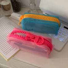 1pc Jelly-Like Stationery Storage Box, 5 Colors Available, Dopamine Pencil Case, Minimalist Solid Color Durable Bag, Upright Stable, Large Capacity Daily Stationery Box, Back To School Gift, School Activity Giveaway, Large Zipper Pencil Pouch - Multicolor - View 4
