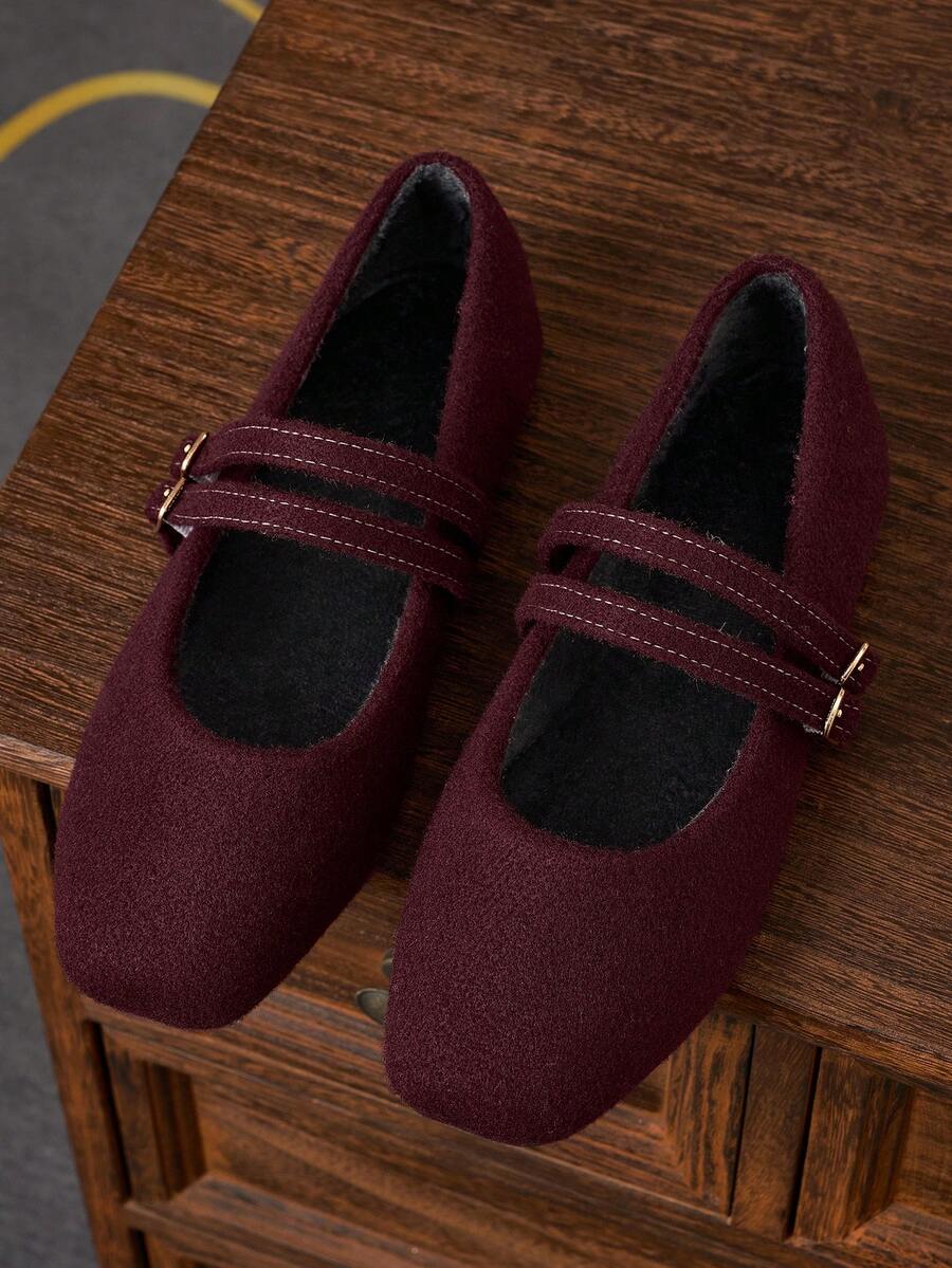 Women's Square Toe Low Vamp Burgundy Office Work Shoes Flat Mary Jane Ballet Shoes, Thermal Lined Warm Winter, Double Strap Buckle - Burgundy - View 1
