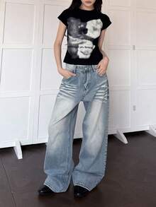 Gradient Cross Rivet Denim Jeans Unisex American Wash Straight Leg Versatile Slimming Wide Leg Pants - Light Blue - View 4