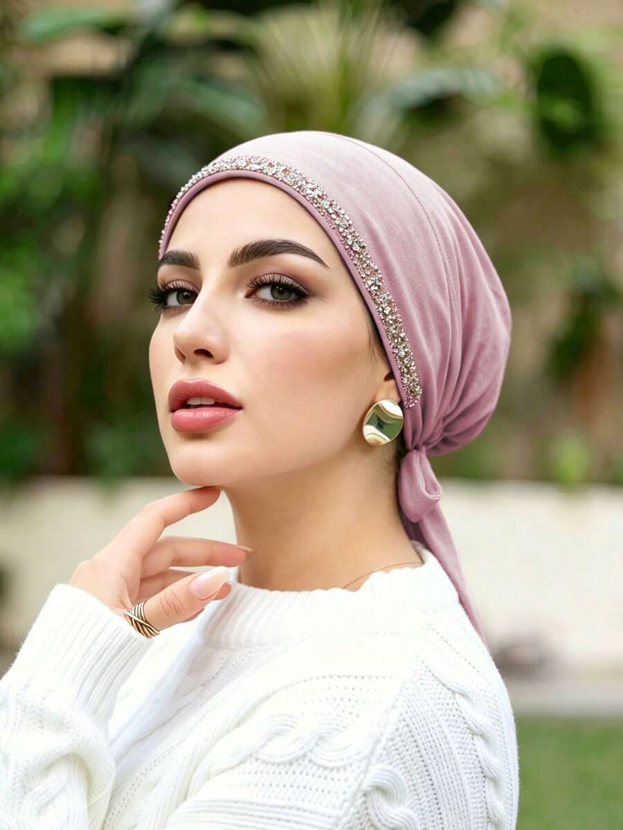 1 pieza Gorro musulmán de moda para mujer de unicolor con pedrería y lazo, pañuelo versátil para envolver la cabeza bajo la gorra, adecuado para uso diario
