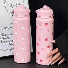 800ml Strawberry Bow Insulated Water Bottle - White Heart Design, Large Capacity For All-Day Hydration, Suitable For School Use, Lightweight And Leak-Proof, Perfect For Iced Coffee, Iced Lemon Tea And Study Drinks - Multicolor - View 5