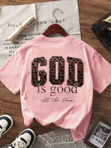 Camiseta de manga corta estampada tipo pullover para niña preadolescente, 1 pieza, top de verano para estudiante joven, casual para calle, playa, vacaciones, aeropuerto, desayuno, escuela y uso diario, versátil para combinar - Rosa - Ver 3